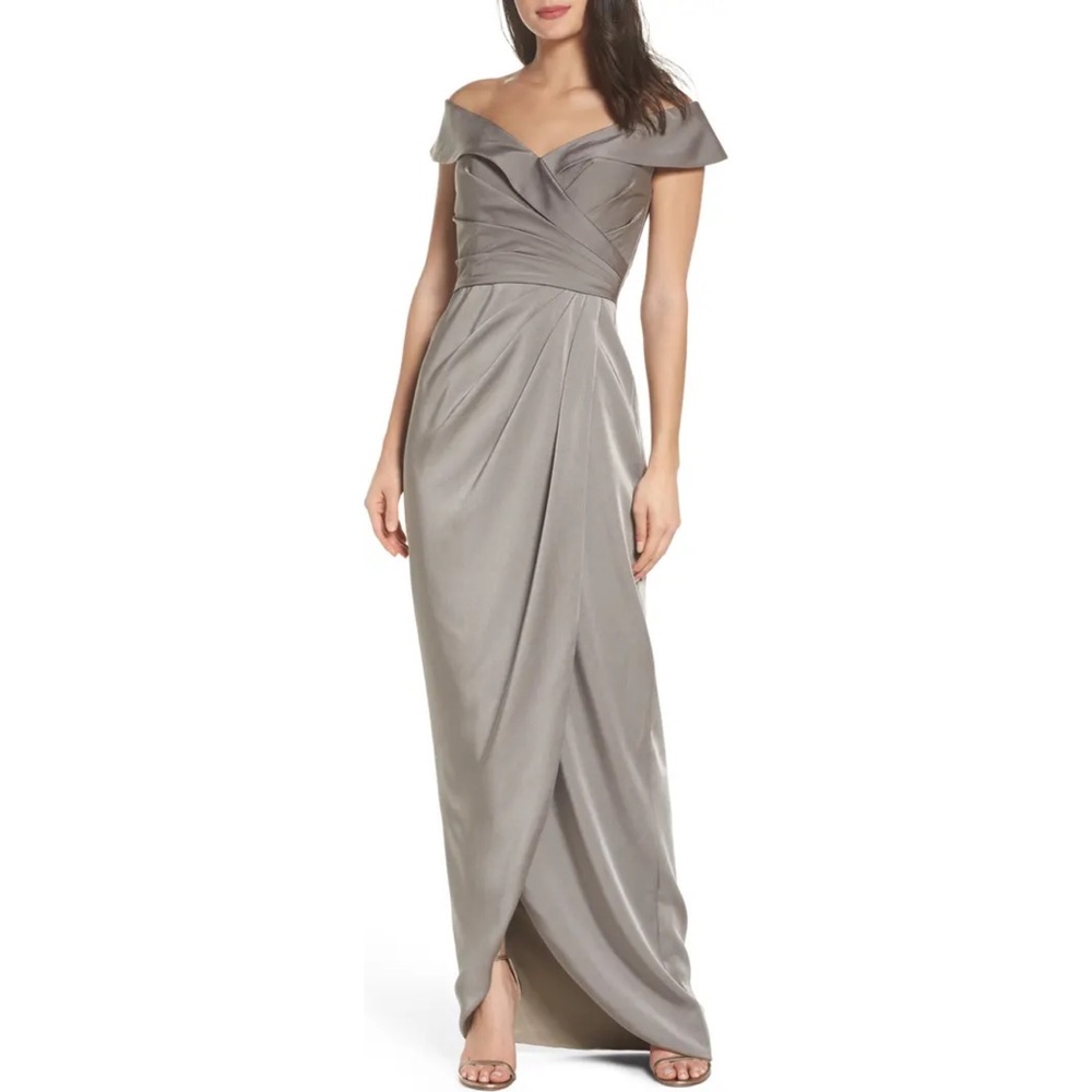 NEW La Femme Surplice Off the Shoulder Column Gown in Pewter Size 8